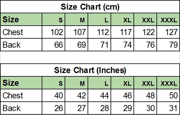 Lightweight Hemp T-Shirt Size Chart