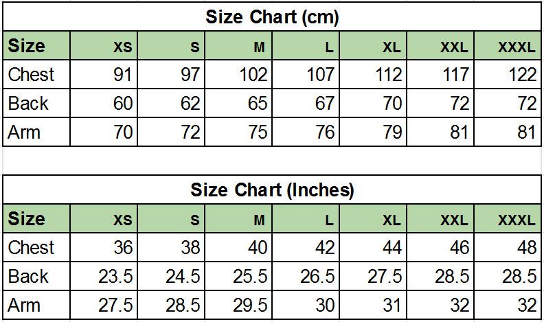 Hempiness Long Sleeve T-Shirts Size Chart