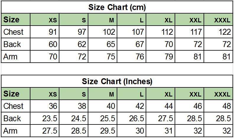 Hempiness Long Sleeve T-Shirts Size Chart